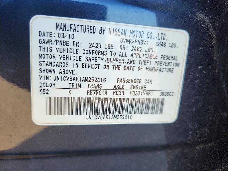2010 Infiniti G37 Sedan მანქანა იყიდება აუქციონზე, vin: JN1CV6AR1AM252416, აუქციონის ნომერი: 64818896