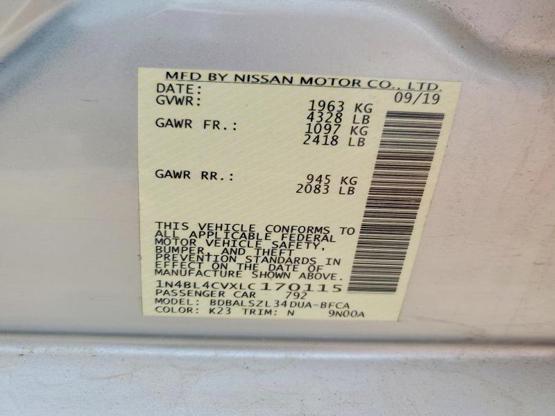 2020 Nissan Altima მანქანა იყიდება აუქციონზე, vin: 1N4BL4CVXLC170115, აუქციონის ნომერი: 65007576