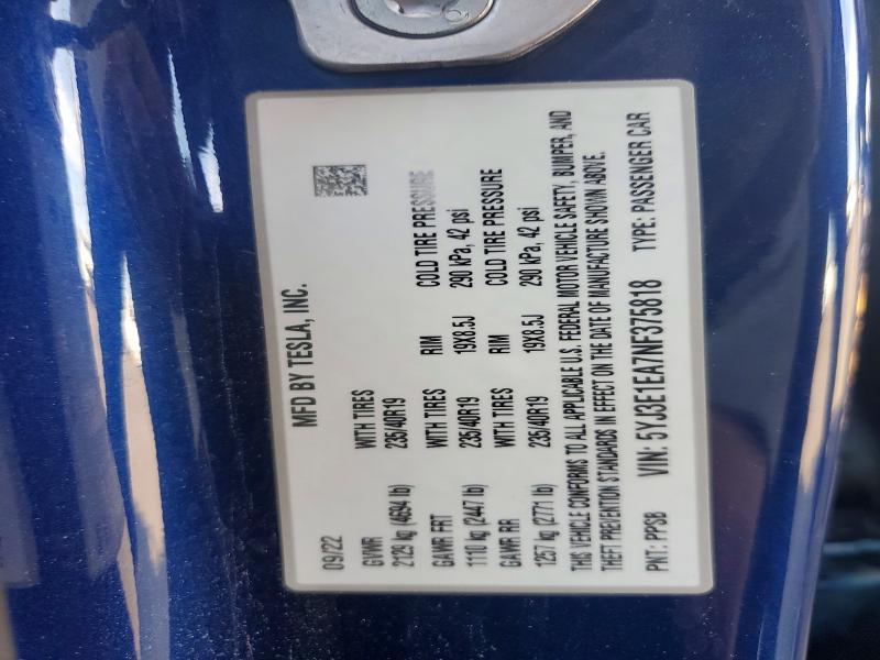2022 Tesla Model 3 მანქანა იყიდება აუქციონზე, vin: 5YJ3E1EA7NF375818, აუქციონის ნომერი: 65958896