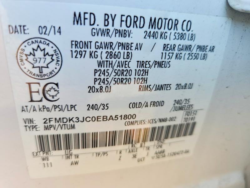 64441686 :رقم المزاد ، 2FMDK3JC0EBA51800 vin ، 2014 Ford Edge مزاد بيع