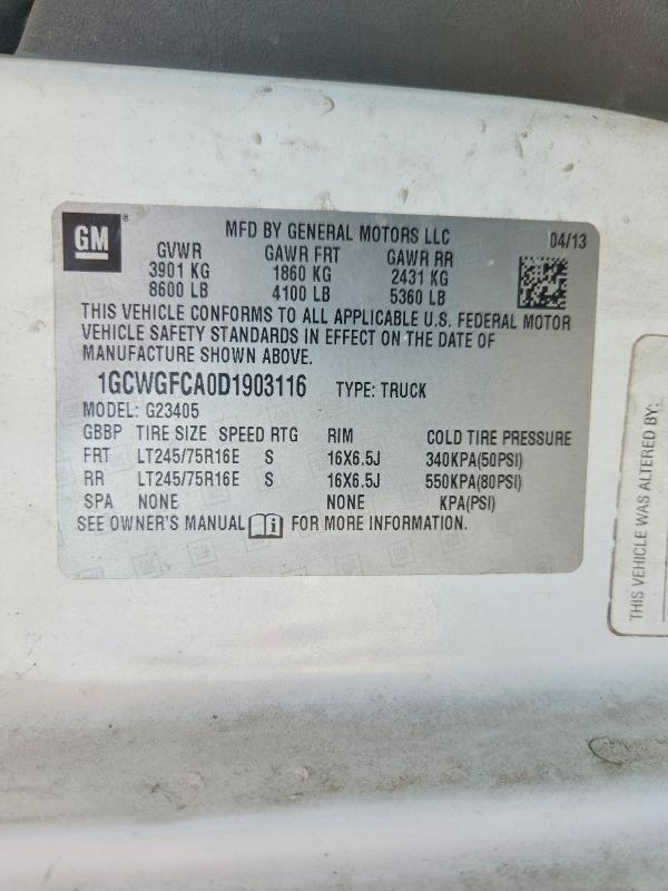 2013 Chevrolet Express G2500 მანქანა იყიდება აუქციონზე, vin: 1GCWGFCA0D1903116, აუქციონის ნომერი: 65991766
