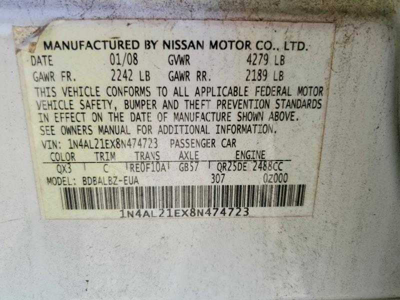 2008 Nissan Altima მანქანა იყიდება აუქციონზე, vin: 1N4AL21EX8N474723, აუქციონის ნომერი: 65657466