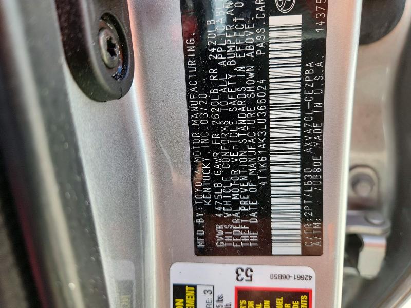65997326 :رقم المزاد ، 4T1K61AK3LU366024 vin ، 2020 Toyota Camry مزاد بيع