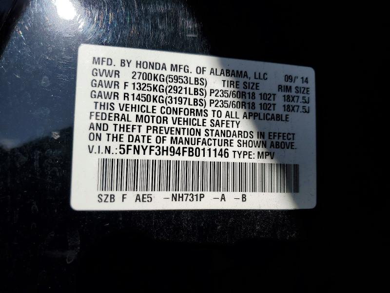 2015 Honda Pilot მანქანა იყიდება აუქციონზე, vin: 5FNYF3H94FB011146, აუქციონის ნომერი: 66761916