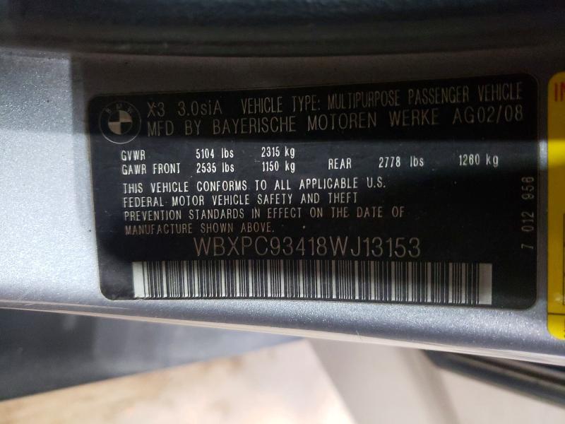 2008 Bmw X3 მანქანა იყიდება აუქციონზე, vin: WBXPC93418WJ13153, აუქციონის ნომერი: 65260966