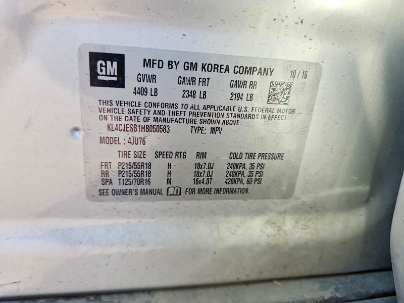 2017 Buick Encore მანქანა იყიდება აუქციონზე, vin: KL4CJESB1HB050583, აუქციონის ნომერი: 64562796