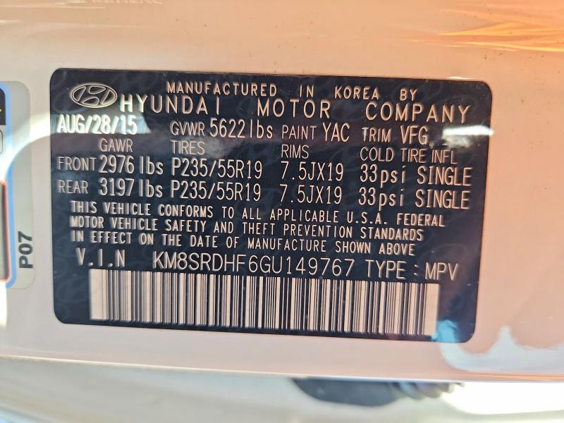 67072096 :رقم المزاد ، KM8SRDHF6GU149767 vin ، 2016 Hyundai Santa Fe مزاد بيع