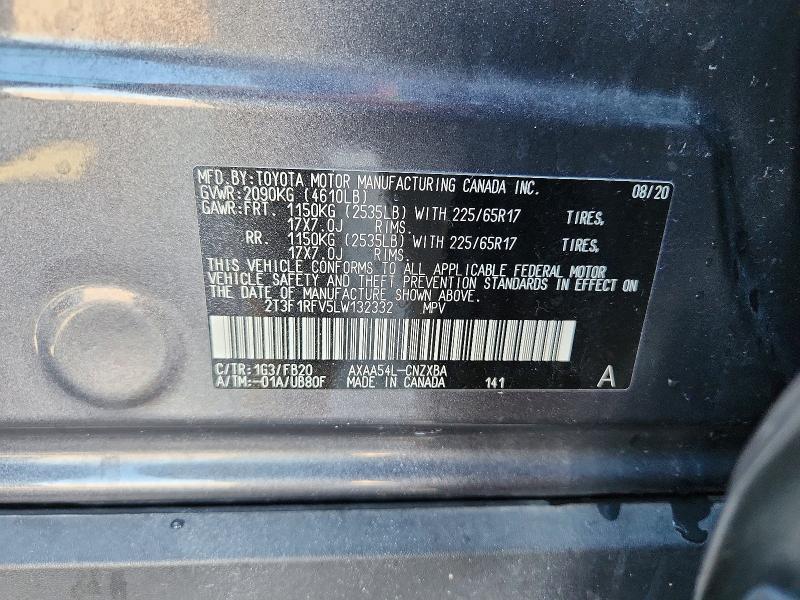 65489536 :رقم المزاد ، 2T3F1RFV5LW132332 vin ، 2020 Toyota Rav4 مزاد بيع