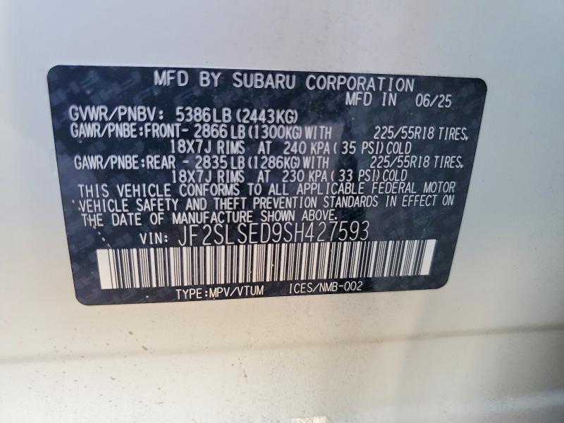 2025 Subaru Forester მანქანა იყიდება აუქციონზე, vin: JF2SLSED9SH427593, აუქციონის ნომერი: 66372976