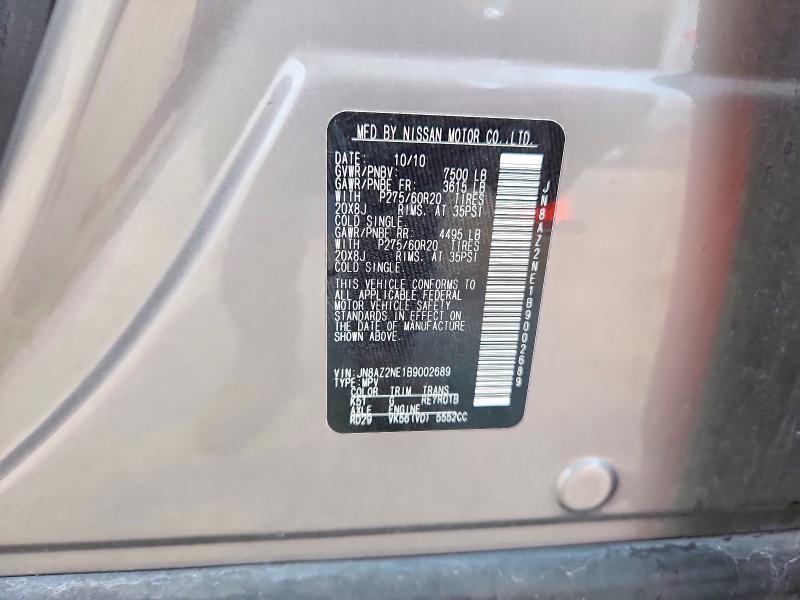 2011 Infiniti Qx56 მანქანა იყიდება აუქციონზე, vin: JN8AZ2NE1B9002689, აუქციონის ნომერი: 64534616