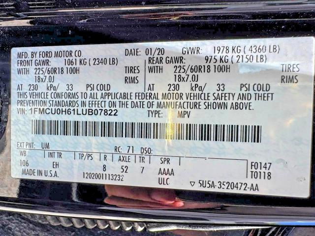 Aukcja sprzedaży 2020 Ford Escape, vin: 1FMCU0H61LUB07822, numer aukcji: 66312506