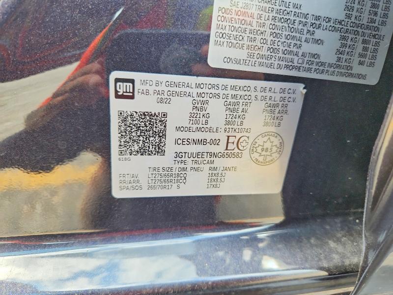 63831586 :رقم المزاد ، 3GTUUEET9NG650583 vin ، 2022 Gmc Sierra مزاد بيع