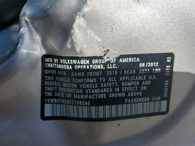 63737826 :رقم المزاد ، 1VWBH7A33CC106090 vin ، 2012 Volkswagen Passat مزاد بيع