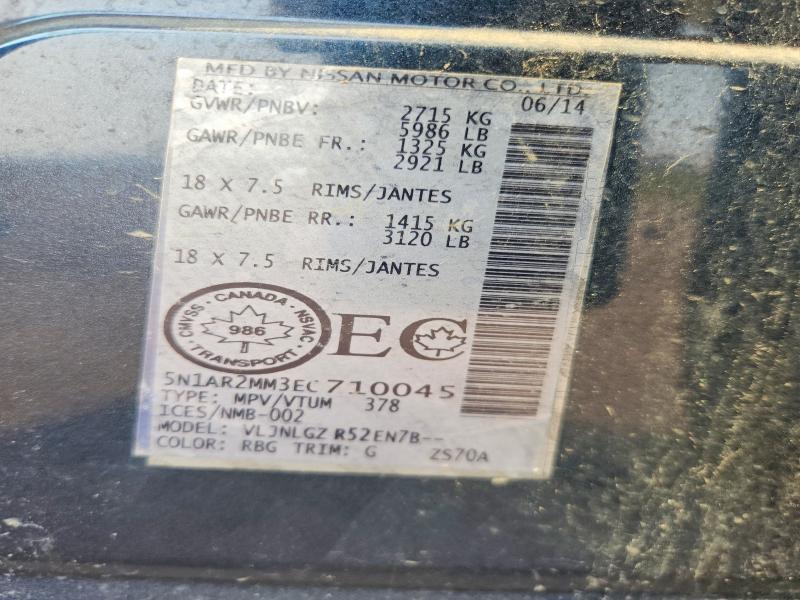 2014 Nissan Pathfinder მანქანა იყიდება აუქციონზე, vin: 5N1AR2MM3EC710045, აუქციონის ნომერი: 64492626