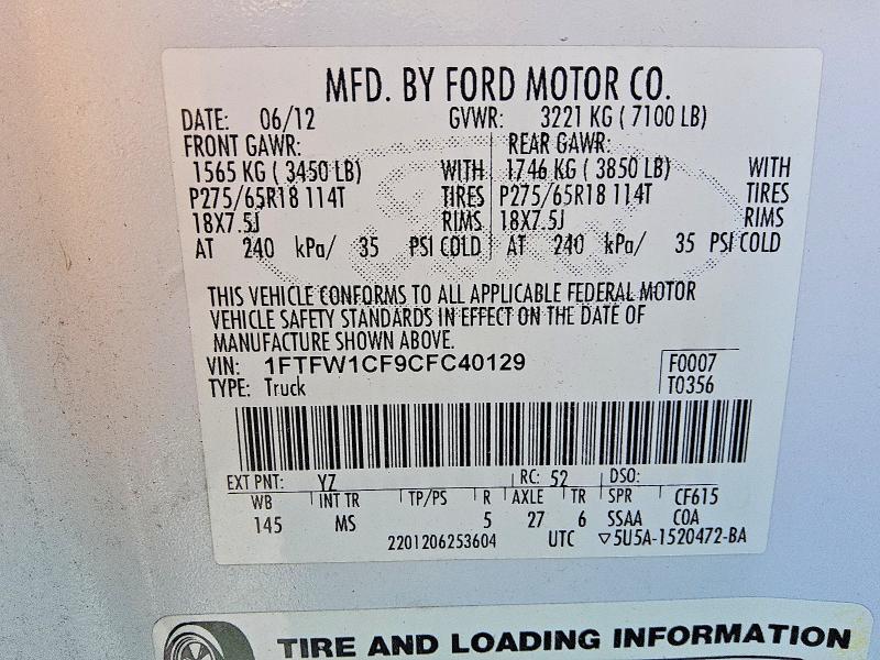 Aukcja sprzedaży 2012 Ford F150, vin: 1FTFW1CF9CFC40129, numer aukcji: 64780656