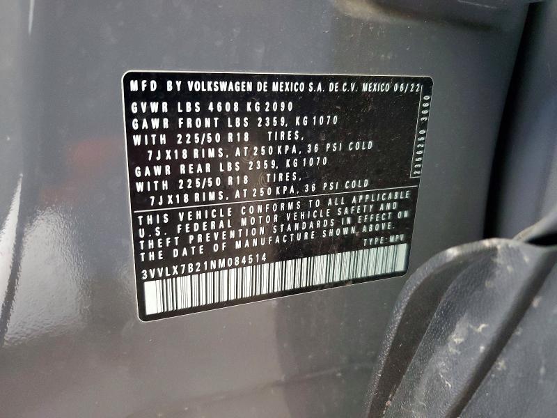 Aukcja sprzedaży 2022 Volkswagen Taos, vin: 3VVLX7B21NM084514, numer aukcji: 65322076