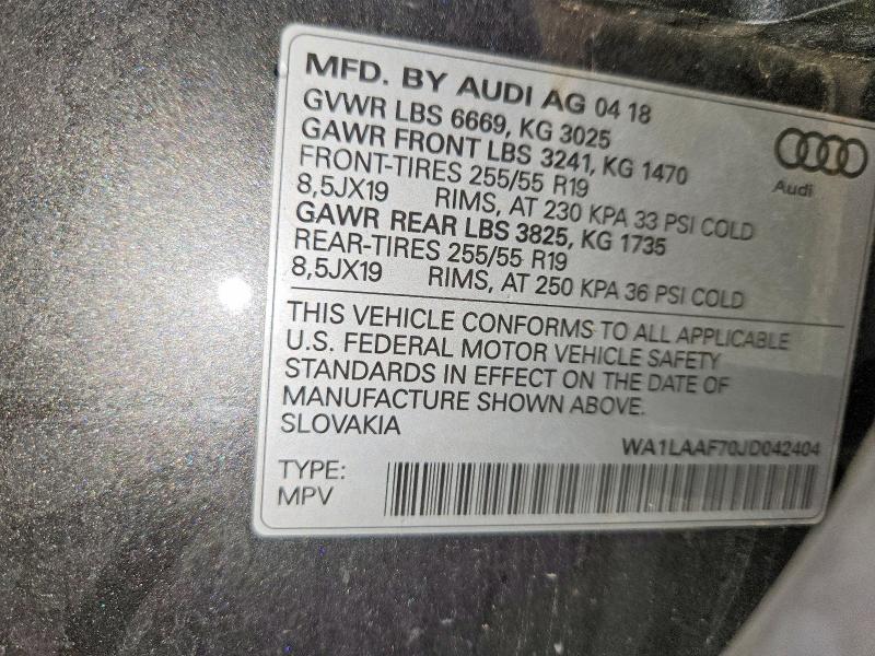 Продажа на аукционе авто 2018 Audi Q7, vin: WA1LAAF70JD042404, номер лота: 64307756