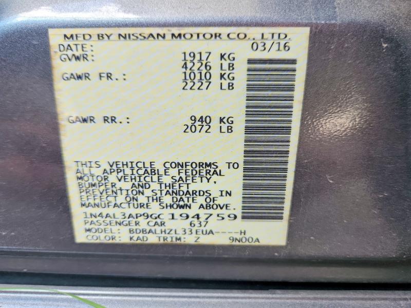 65399586 :رقم المزاد ، 1N4AL3AP9GC194759 vin ، 2016 Nissan Altima مزاد بيع