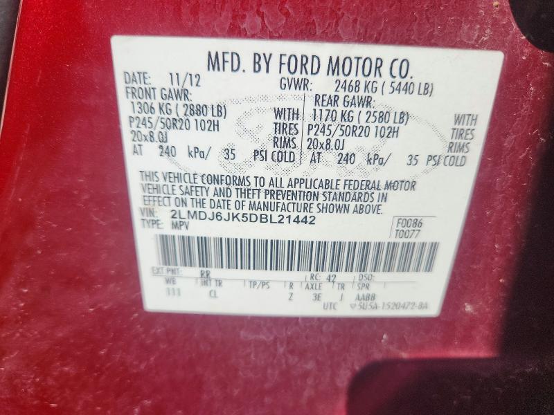 66756036 :رقم المزاد ، 2LMDJ6JK5DBL21442 vin ، 2013 Lincoln Mkx مزاد بيع