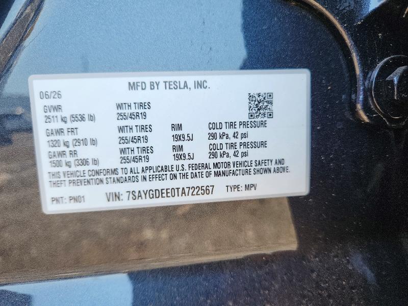 63103996 :رقم المزاد ، 7SAYGDEE0TA722567 vin ، 2026 Tesla Model Y مزاد بيع