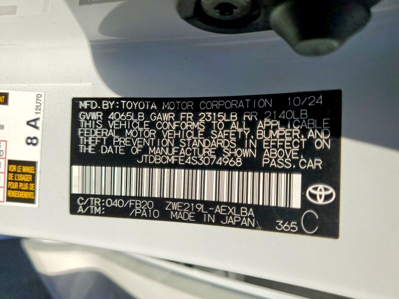 Продаж на аукціоні авто 2025 Toyota Corolla Hybrid, vin: JTDBCMFE4S3074968, номер лоту: 66066766