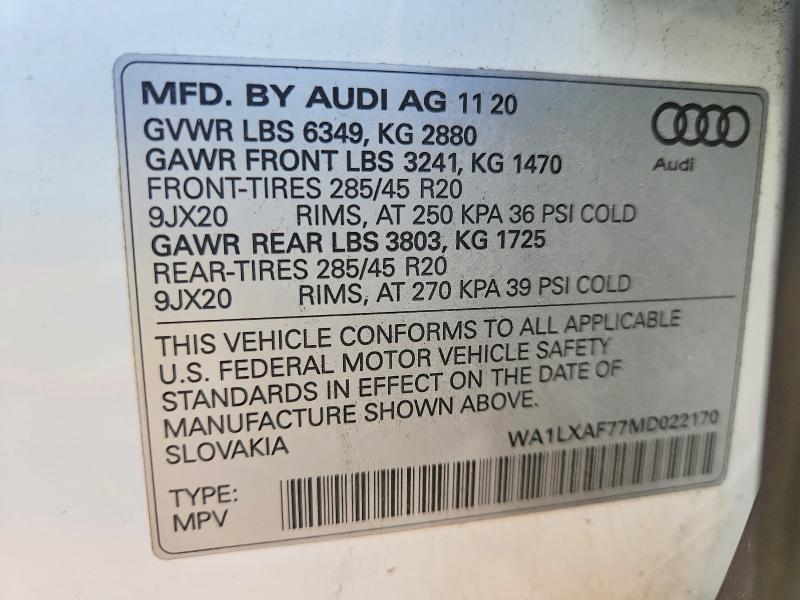 Aukcja sprzedaży 2021 Audi Q7, vin: WA1LXAF77MD022170, numer aukcji: 64156616