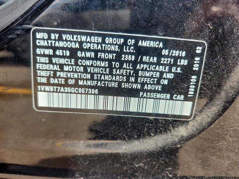 2016 Volkswagen Passat მანქანა იყიდება აუქციონზე, vin: 1VWBT7A35GC057396, აუქციონის ნომერი: 65720896