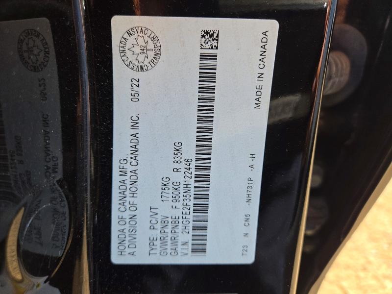 2022 Honda Civic მანქანა იყიდება აუქციონზე, vin: 2HGFE2F35NH122446, აუქციონის ნომერი: 64573346