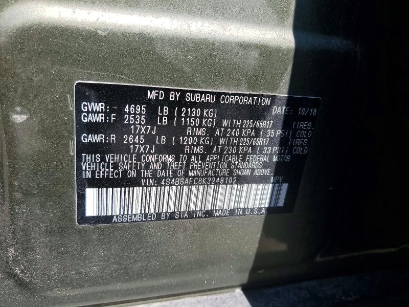 66354976 :رقم المزاد ، 4S4BSAFC8K3248102 vin ، 2019 Subaru Outback مزاد بيع