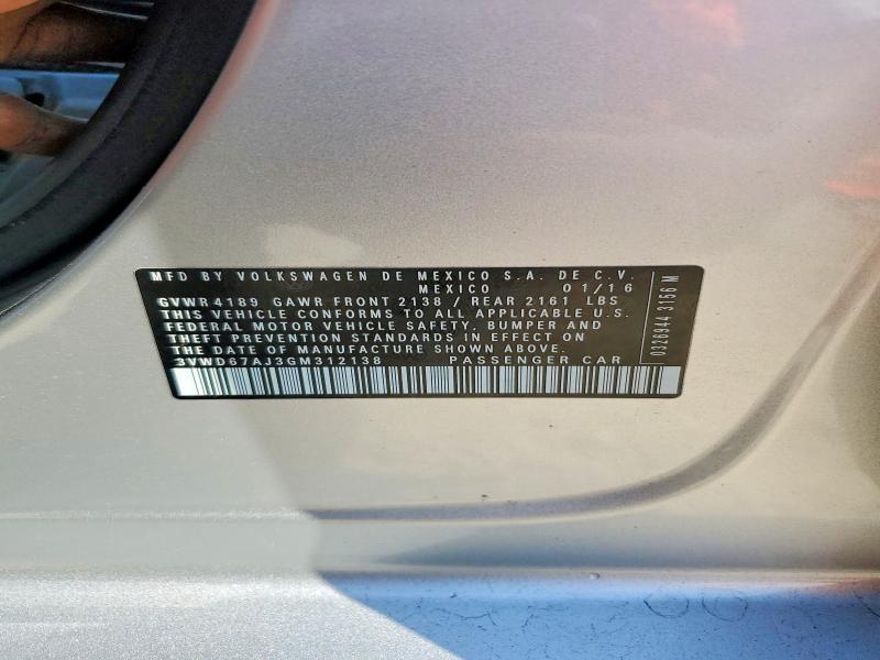 67558476 :رقم المزاد ، 3VWD67AJ3GM312138 vin ، 2016 Volkswagen Jetta مزاد بيع