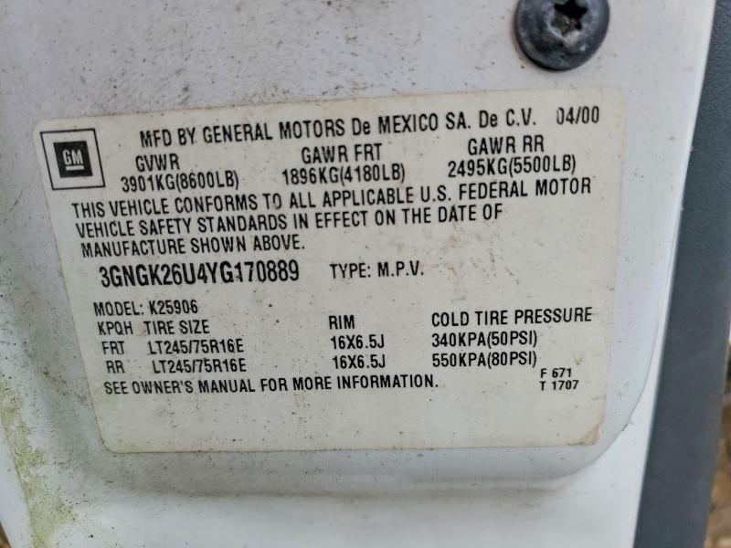 2000 Chevrolet Suburban მანქანა იყიდება აუქციონზე, vin: 3GNGK26U4YG170889, აუქციონის ნომერი: 65290966