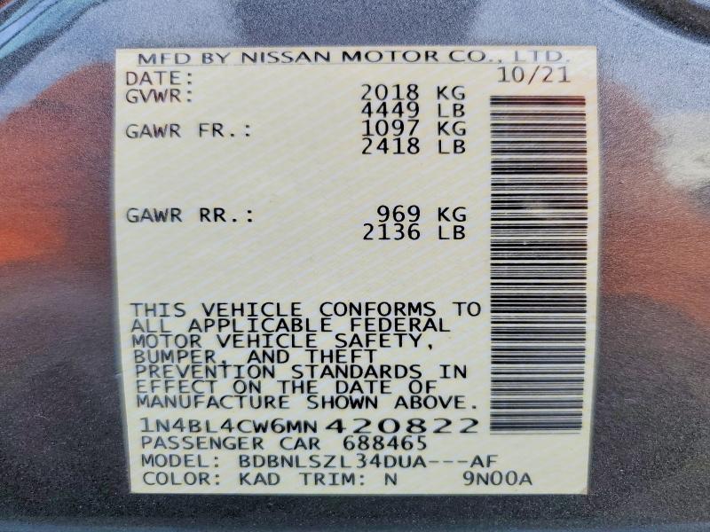 2021 Nissan Altima მანქანა იყიდება აუქციონზე, vin: 1N4BL4CW6MN420822, აუქციონის ნომერი: 66397246