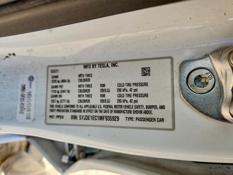 65379906 :رقم المزاد ، 5YJ3E1EC1MF935929 vin ، 2021 Tesla Model 3 مزاد بيع