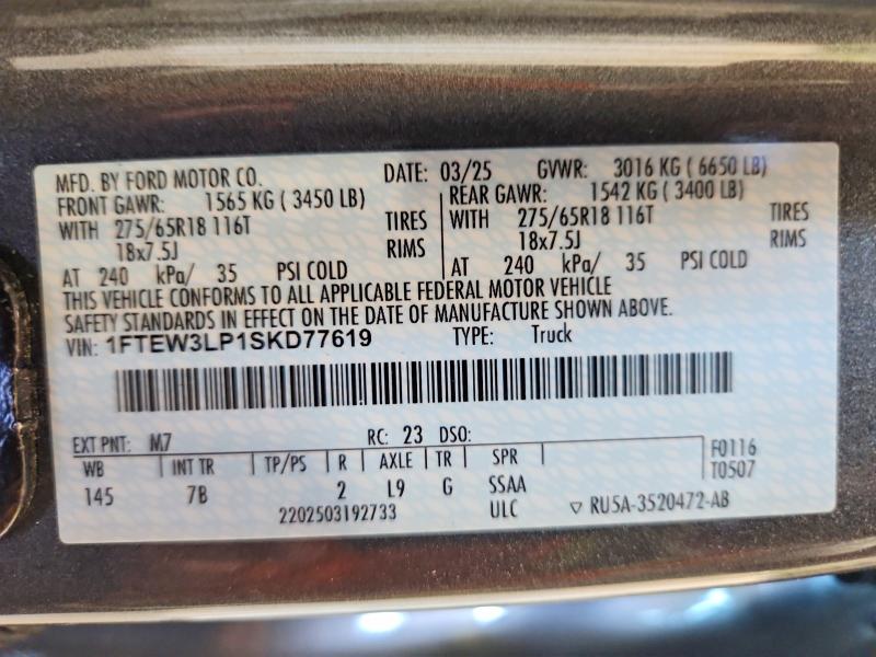 Продаж на аукціоні авто 2025 Ford F150, vin: 1FTEW3LP1SKD77619, номер лоту: 62664116