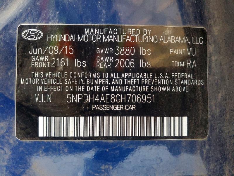 2016 Hyundai Elantra მანქანა იყიდება აუქციონზე, vin: 5NPDH4AE8GH706951, აუქციონის ნომერი: 65837586