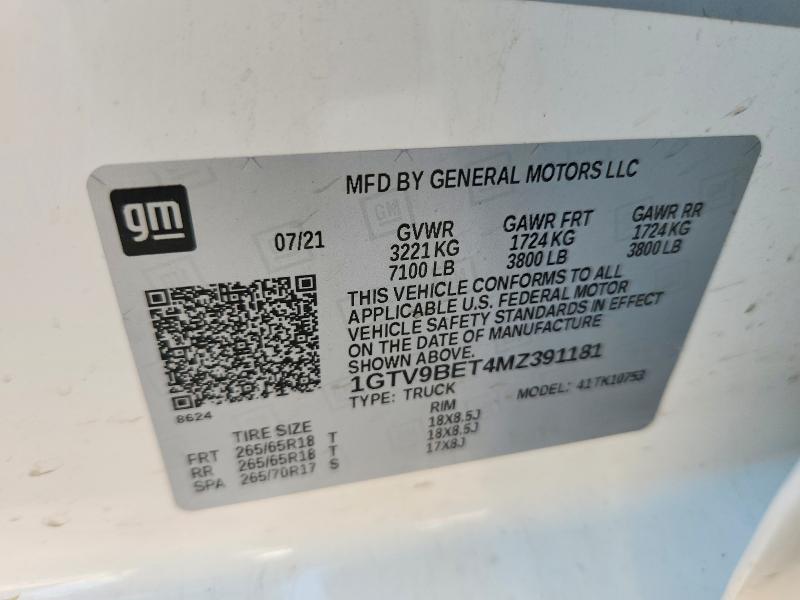 65539246 :رقم المزاد ، 1GTV9BET4MZ391181 vin ، 2021 Gmc Sierra مزاد بيع