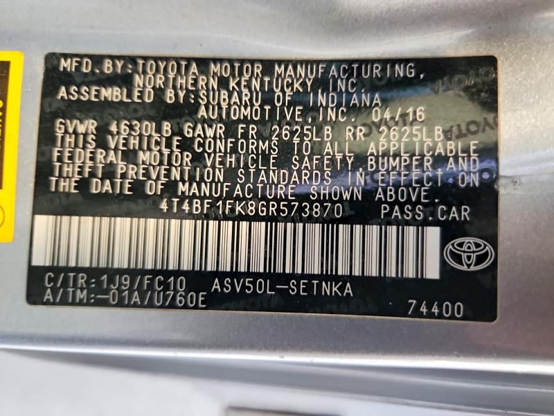 Продажа на аукционе авто 2016 Toyota Camry, vin: 4T4BF1FK8GR573870, номер лота: 66709706
