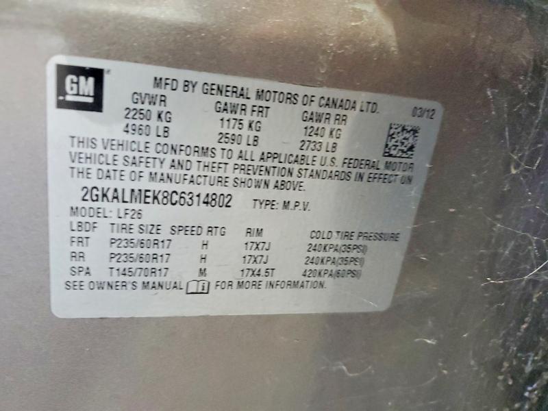 66276476 :رقم المزاد ، 2GKALMEK8C6314802 vin ، 2012 Gmc Terrain مزاد بيع