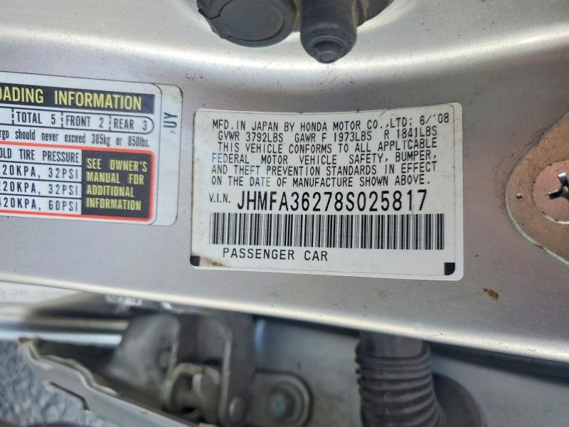 2008 Honda Civic მანქანა იყიდება აუქციონზე, vin: JHMFA36278S025817, აუქციონის ნომერი: 64762316