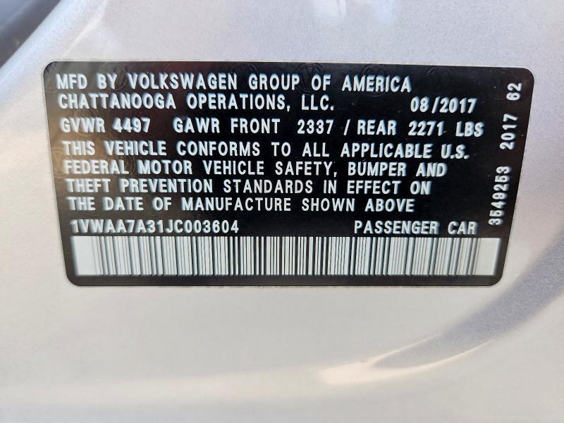 2018 Volkswagen Passat მანქანა იყიდება აუქციონზე, vin: 1VWAA7A31JC003604, აუქციონის ნომერი: 63708106