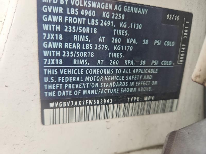 65461146 :رقم المزاد ، WVGBV7AX7FW583943 vin ، 2015 Volkswagen Tiguan مزاد بيع