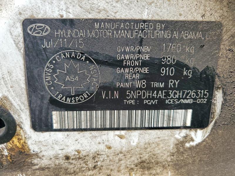 64743776 :رقم المزاد ، 5NPDH4AE3GH726315 vin ، 2016 Hyundai Elantra مزاد بيع