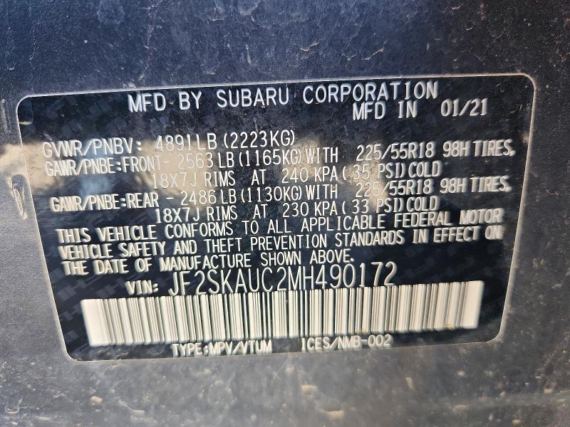 2021 Subaru Forester მანქანა იყიდება აუქციონზე, vin: JF2SKAUC2MH490172, აუქციონის ნომერი: 64782556