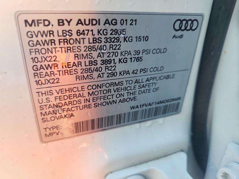 65830696 :رقم المزاد ، WA1FVAF14MD026496 vin ، 2021 Audi Q8 مزاد بيع