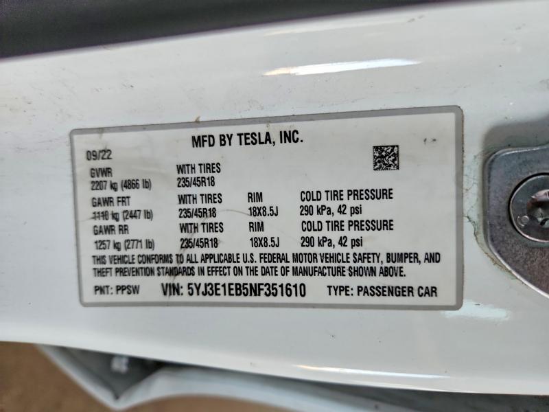 2022 Tesla Model 3 მანქანა იყიდება აუქციონზე, vin: 5YJ3E1EB5NF351610, აუქციონის ნომერი: 64844886
