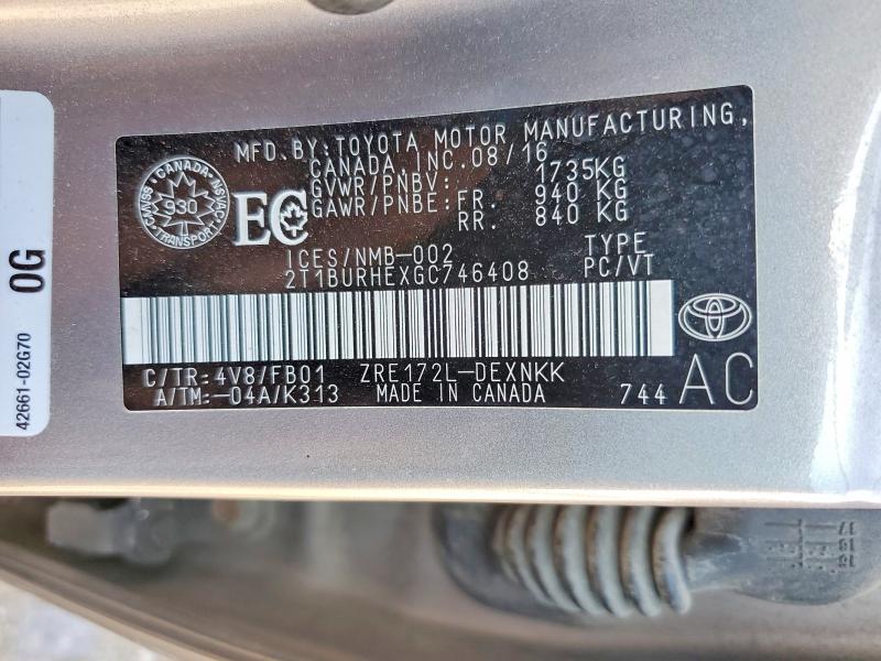 Aukcja sprzedaży 2016 Toyota Corolla, vin: 2T1BURHEXGC746408, numer aukcji: 64968186