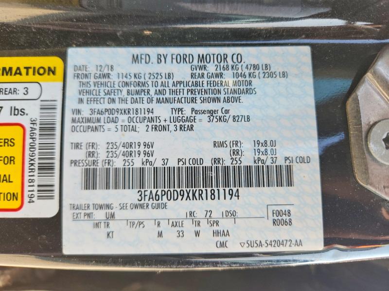 67366346 :رقم المزاد ، 3FA6P0D9XKR181194 vin ، 2019 Ford Fusion مزاد بيع