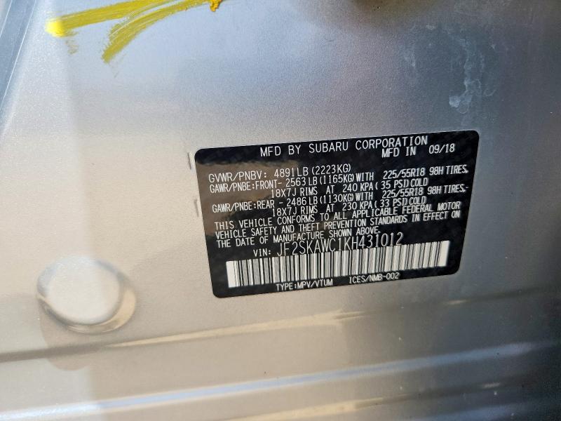 2019 Subaru Forester მანქანა იყიდება აუქციონზე, vin: JF2SKAWC1KH431012, აუქციონის ნომერი: 65543496
