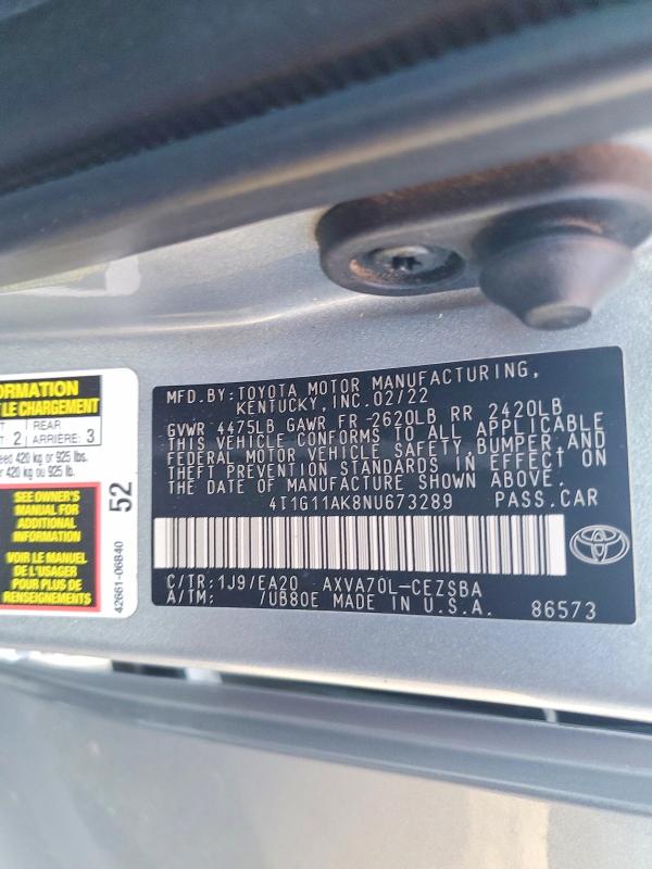 2022 Toyota Camry მანქანა იყიდება აუქციონზე, vin: 4T1G11AK8NU673289, აუქციონის ნომერი: 65665696