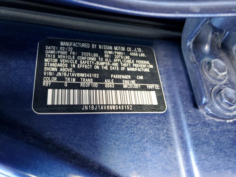 2022 Nissan Rogue Sport მანქანა იყიდება აუქციონზე, vin: JN1BJ1AV8NW343152, აუქციონის ნომერი: 64433646